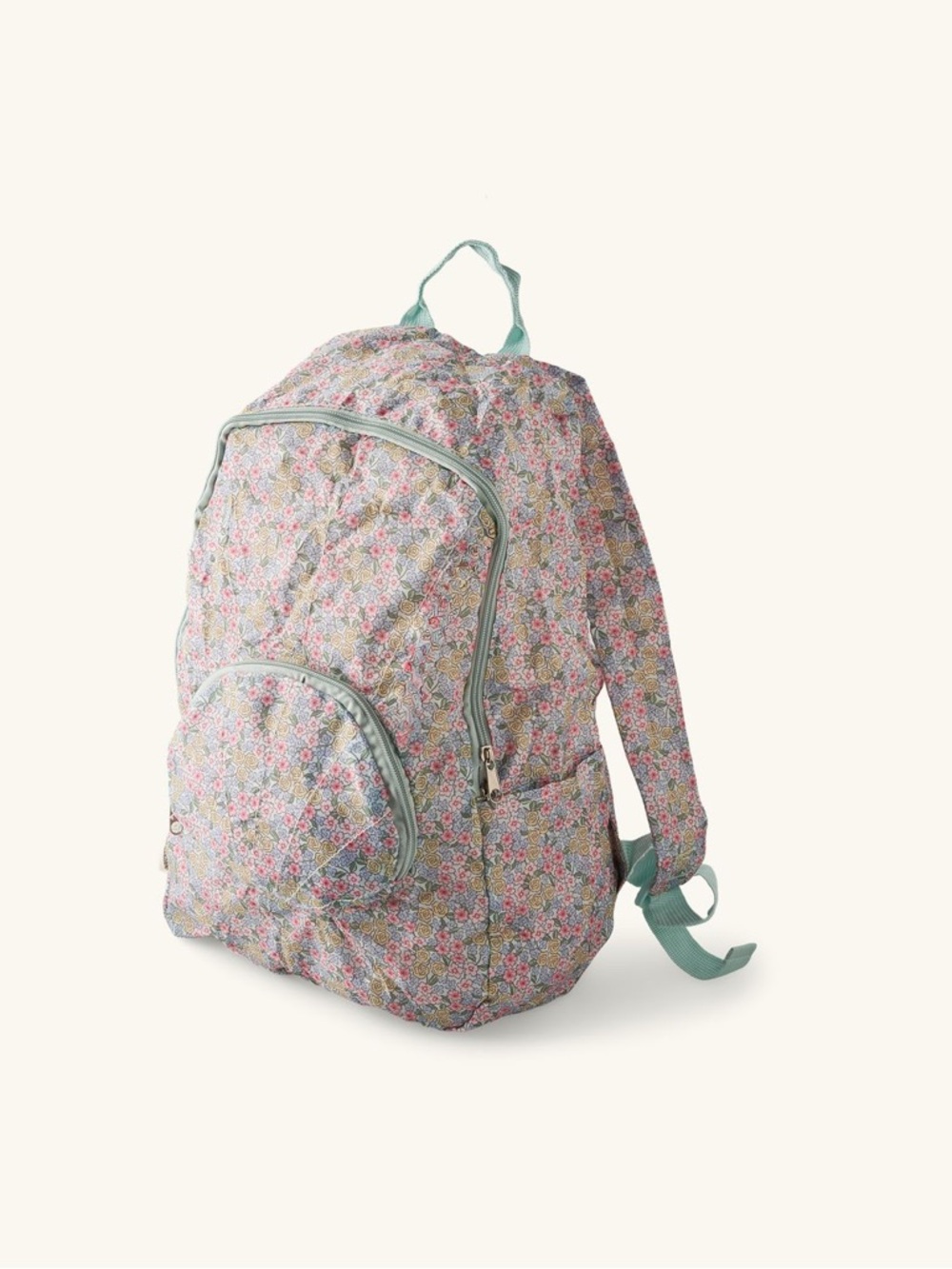 Whimsical Floral Foldable Travel Backpack in Mint Trim Nordic Design